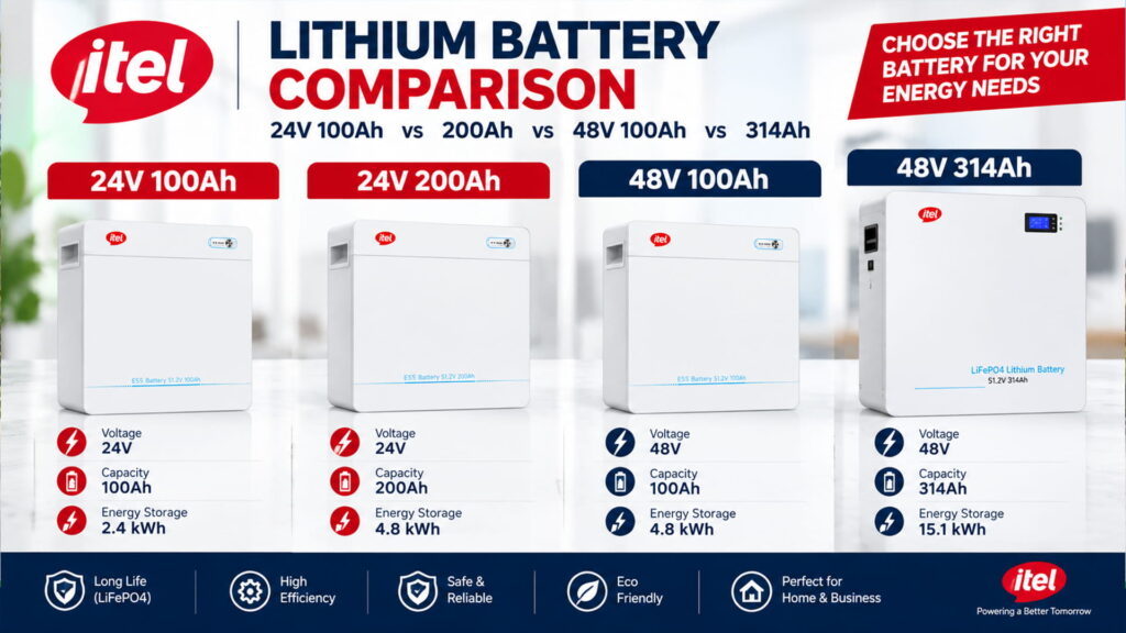 itel battery comparison 24V 100Ah vs 200Ah vs 48V 100Ah vs 314Ah